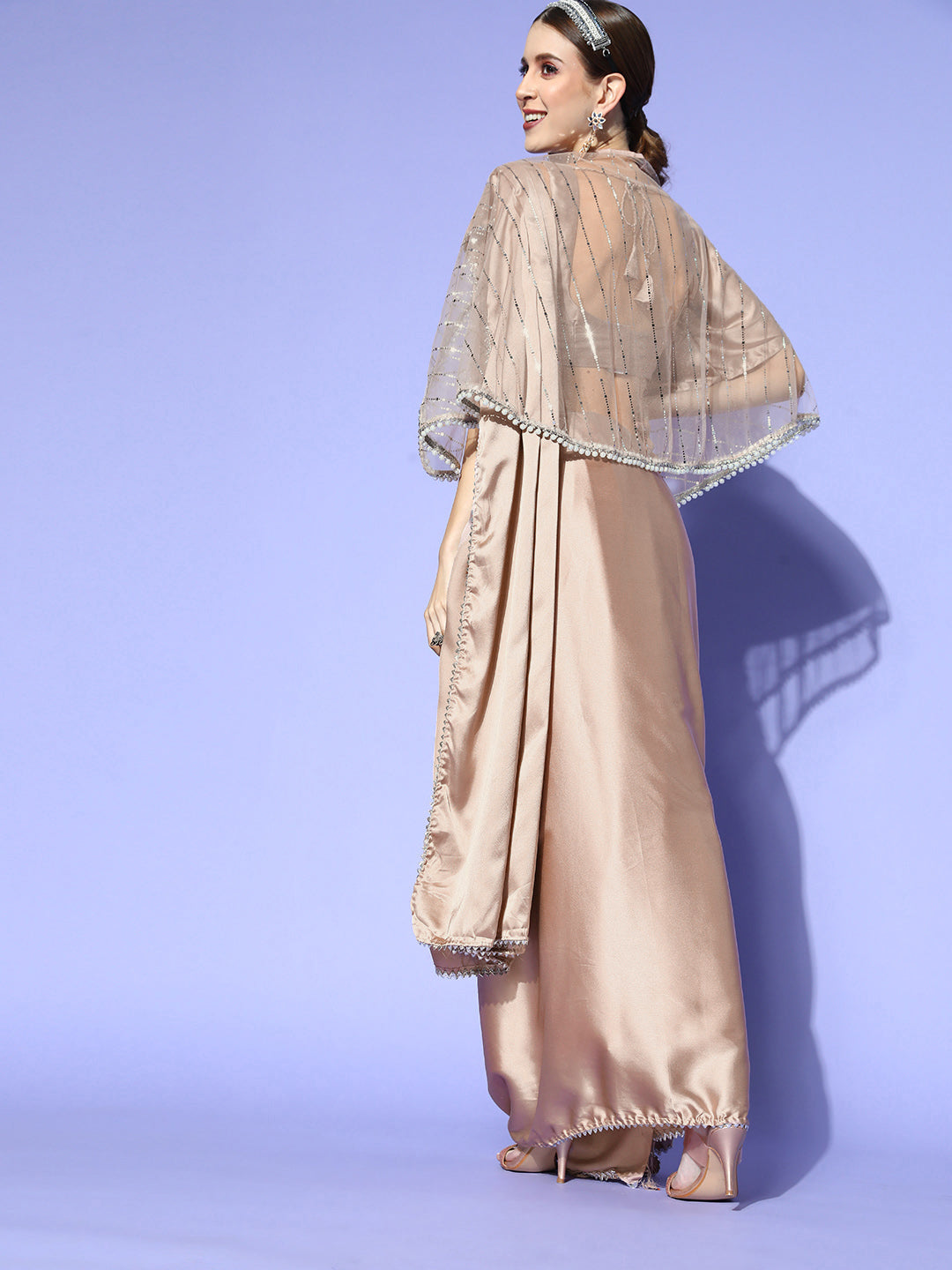 Tikhi Imli Silver Solid Poly Satin Saree with Embellished Cape with Unstitched Blouse